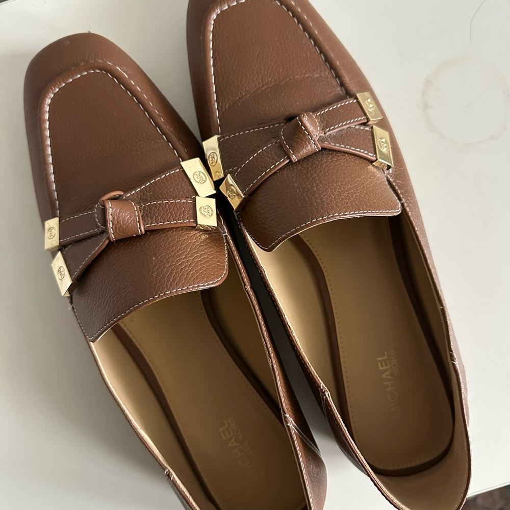 MICHAEL Michael Kors Brown Leather Bow Loafers with Gold Accents